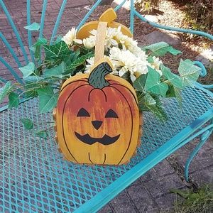Wooden painted pumpkin flower basket with handle